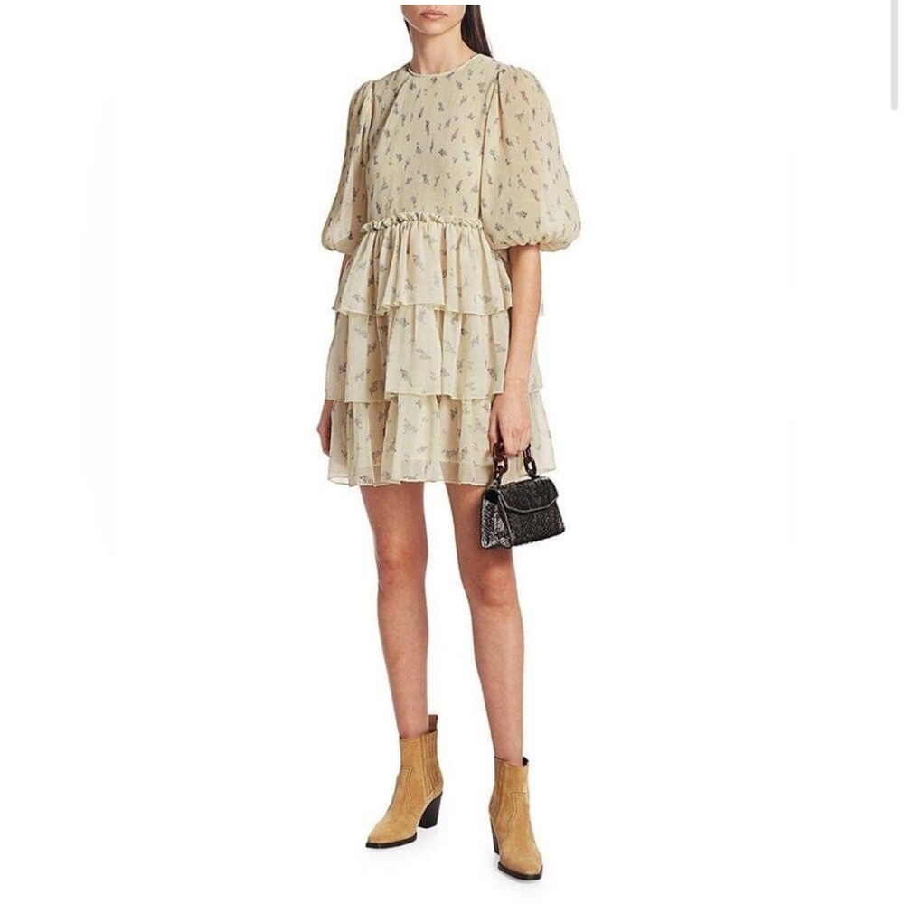 GANNI Size XS Floral Print Pleated Georgette Babydoll Mini Dress